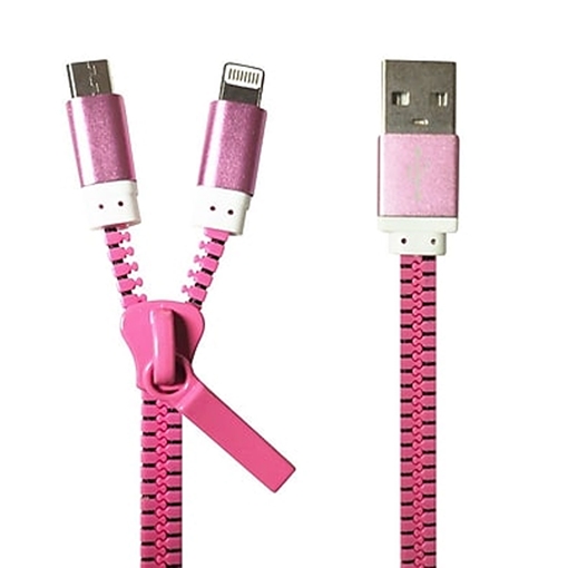 USB καλώδιο φερμουάρ 2 σε 1 USB 2.0 σε lightning και microUSB - 0.5μ - OEM bulk - Χρώμα: Ροζ