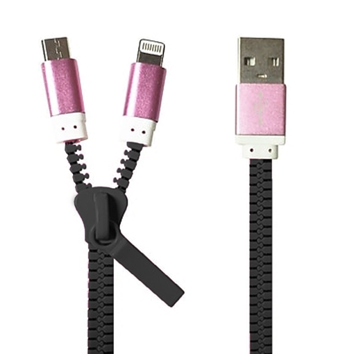 USB καλώδιο φερμουάρ 2 σε 1 USB 2.0 σε lightning και microUSB - 0.5μ - OEM bulk - Χρώμα: Ροζ /Μαύρο