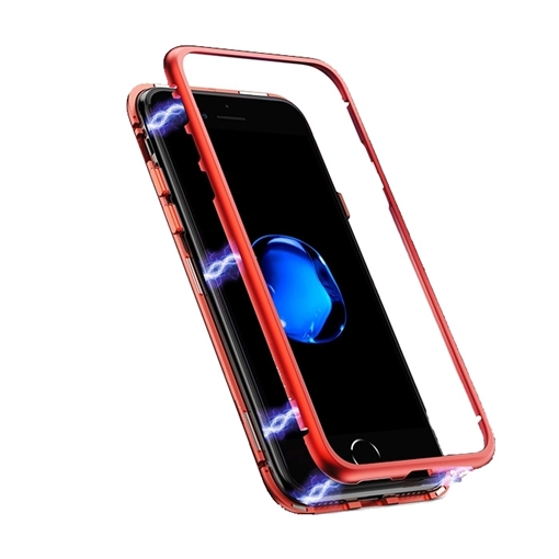 Picture of Magnetic Detachable Metal Frame Case with Tempered Glass Back View for Samsung J610F Galaxy J6 Plus - Color: Red