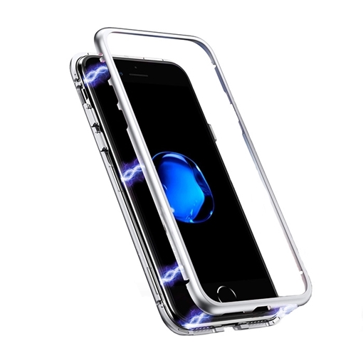 Picture of Magnetic Detachable Metal Frame Case with Tempered Glass Back View for Apple iPhone Xs Max - Color: Silver - White