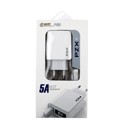 PZX P40 Φορτιστής Ταξιδιού USΒ και Καλώδιο Lightning Σετ / Traveling USB Charger with Charging Cable Lightning Set 5A / Q.C 5.0 1Μ - Χρώμα : Λευκό