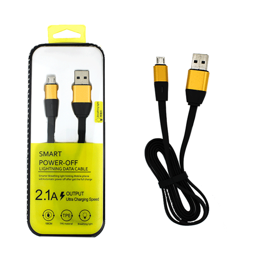 Καλώδιο Φόρτισης Micro USB to USB πλατί / Fast Charging Flat Cable Smart Power Off LED 2.1A 1μ- Χρώμα: Χρυσό-Μαύρο