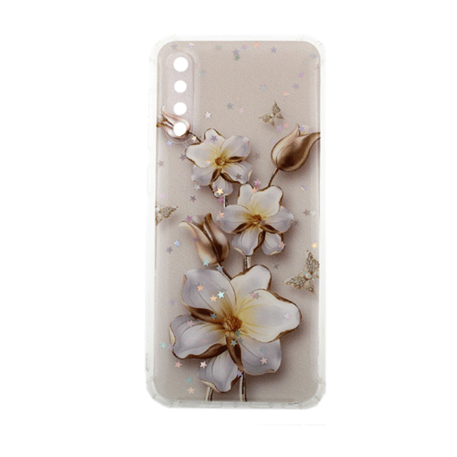 Θήκη Πλάτης Σιλικόνης για Samsung Galaxy A50 A505F -Σχέδιο: Λευκά - Χρυσά λουλούδια