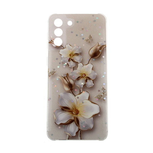 Θήκη Πλάτης Σιλικόνης για  Samsung Galaxy S21 Plus (G996B) -Σχέδιο: Λευκά - Χρυσά λουλούδια