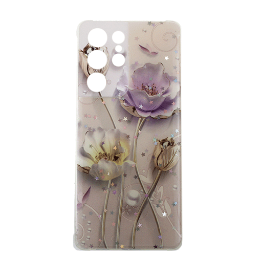 Θήκη Πλάτης Σιλικόνης για Samsung Galaxy S21 Ultra 5G - Σχέδιο: Ροζ-Χρυσά Λουλούδια