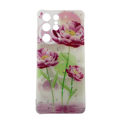 Θήκη Πλάτης Σιλικόνης για Samsung Galaxy  S21 Ultra 5G  -Σχέδιο: Ροζ Λουλούδια