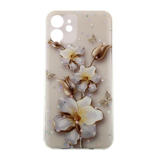 Θήκη Πλάτης Σιλικόνης για iphone 12 Pro - Σχέδιο: Ροζ-Χρυσά Λουλούδια