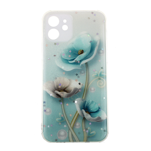Θήκη Πλάτης Σιλικόνης για iphone 12 Pro - Σχέδιο: Μπλέ Λουλούδια