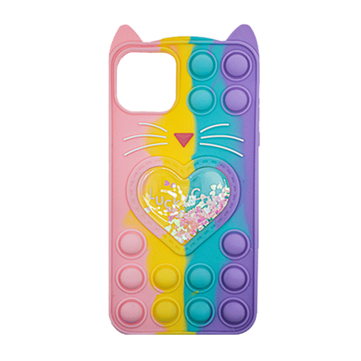 Picture of Silicone Case with Ears Colorful Bubbles for iPhone 13 Pro - Design: Colorful Heart (Coral- Light Purple)