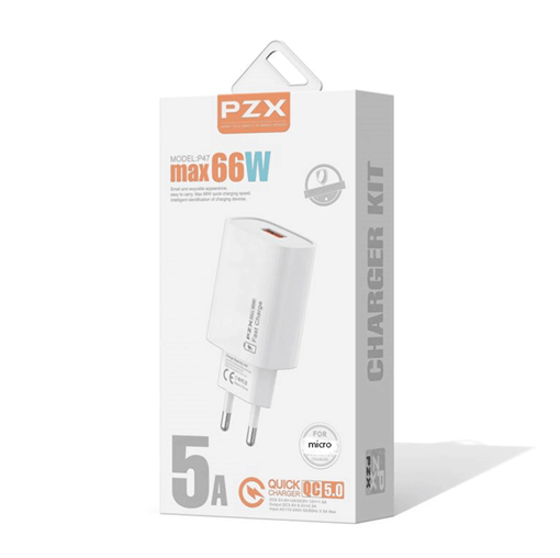 PZX P47 5A Fast Charging Φορτιστής SmartPhone με 1 θύρα Type-C και Καλώδιο σε Micro USB 66W - Χρώμα: Λευκό